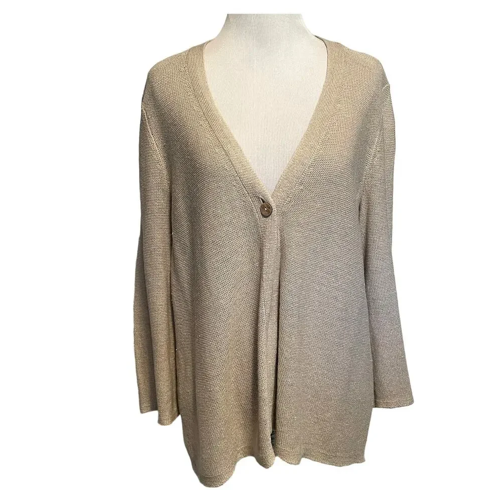 J. Jill Linen Blend Single Button Cardigan Women's Medium Tan Lagenlook Topper